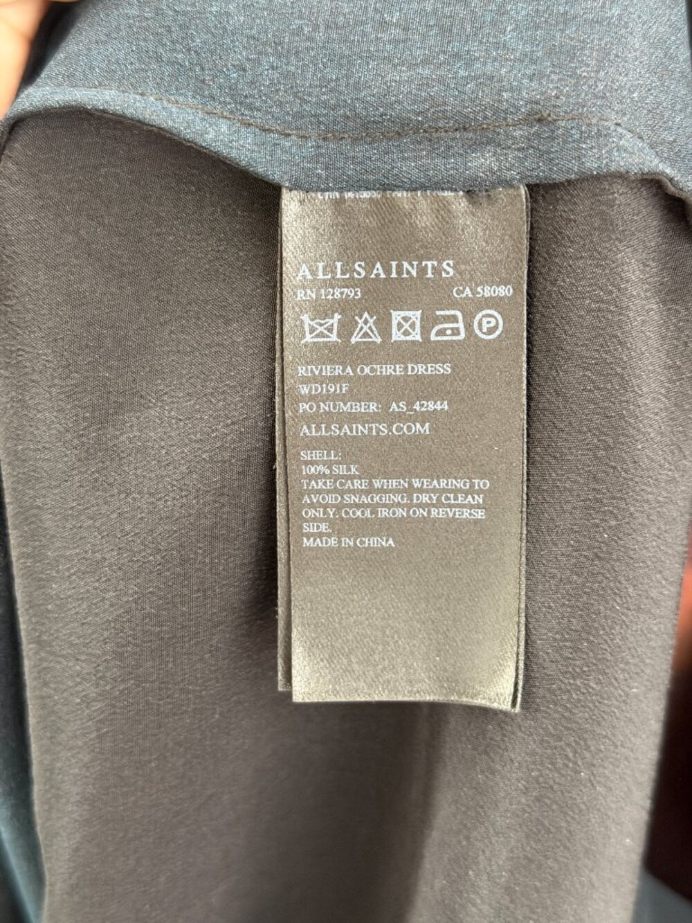 $325 AllSaints Black Ruched Gathered Mini Silk Riviera Ochre Dress size 4/FR 36 - Picture 10 of 10